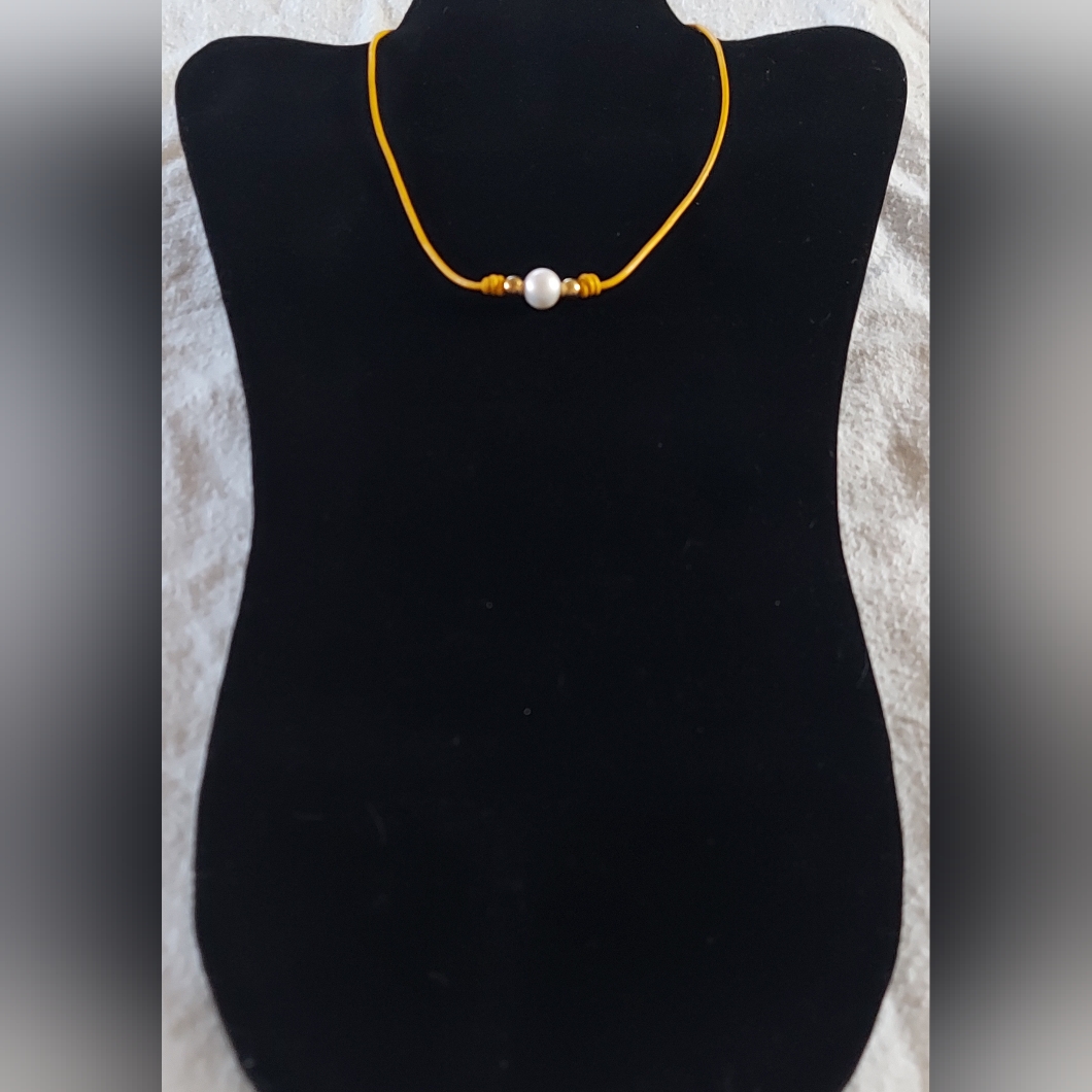 Handmade White & Gold Pearl And Yellow Leather Necklace